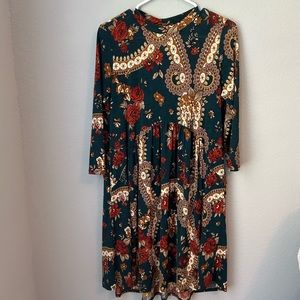 Cavender’s Mock Collar Teal and Rust Peplum Dress